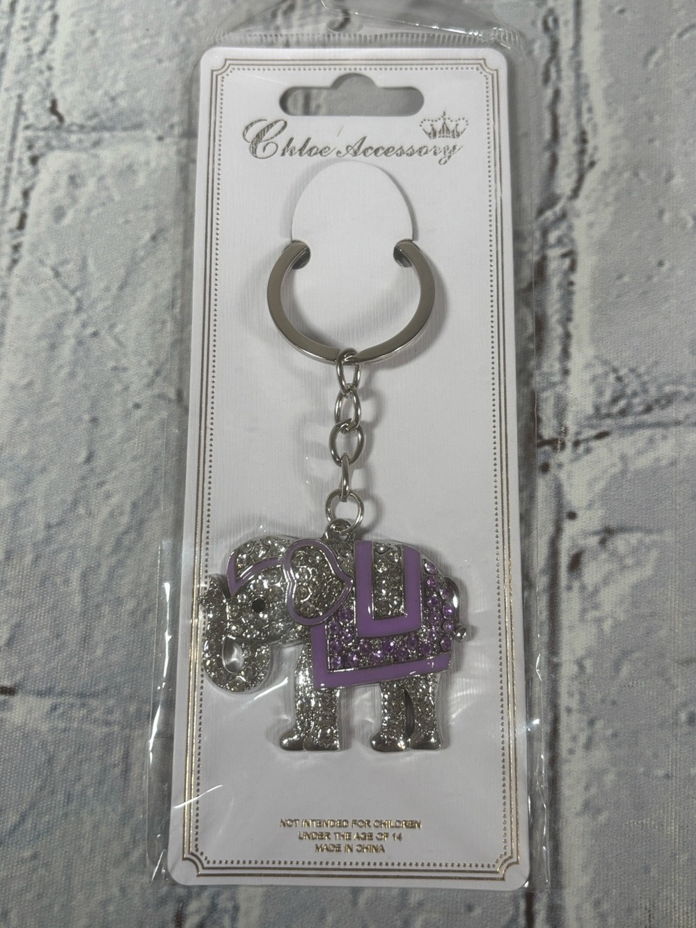 Purple Silver Toned Rhinestone Elephant Keychain - Picture 1 of 5